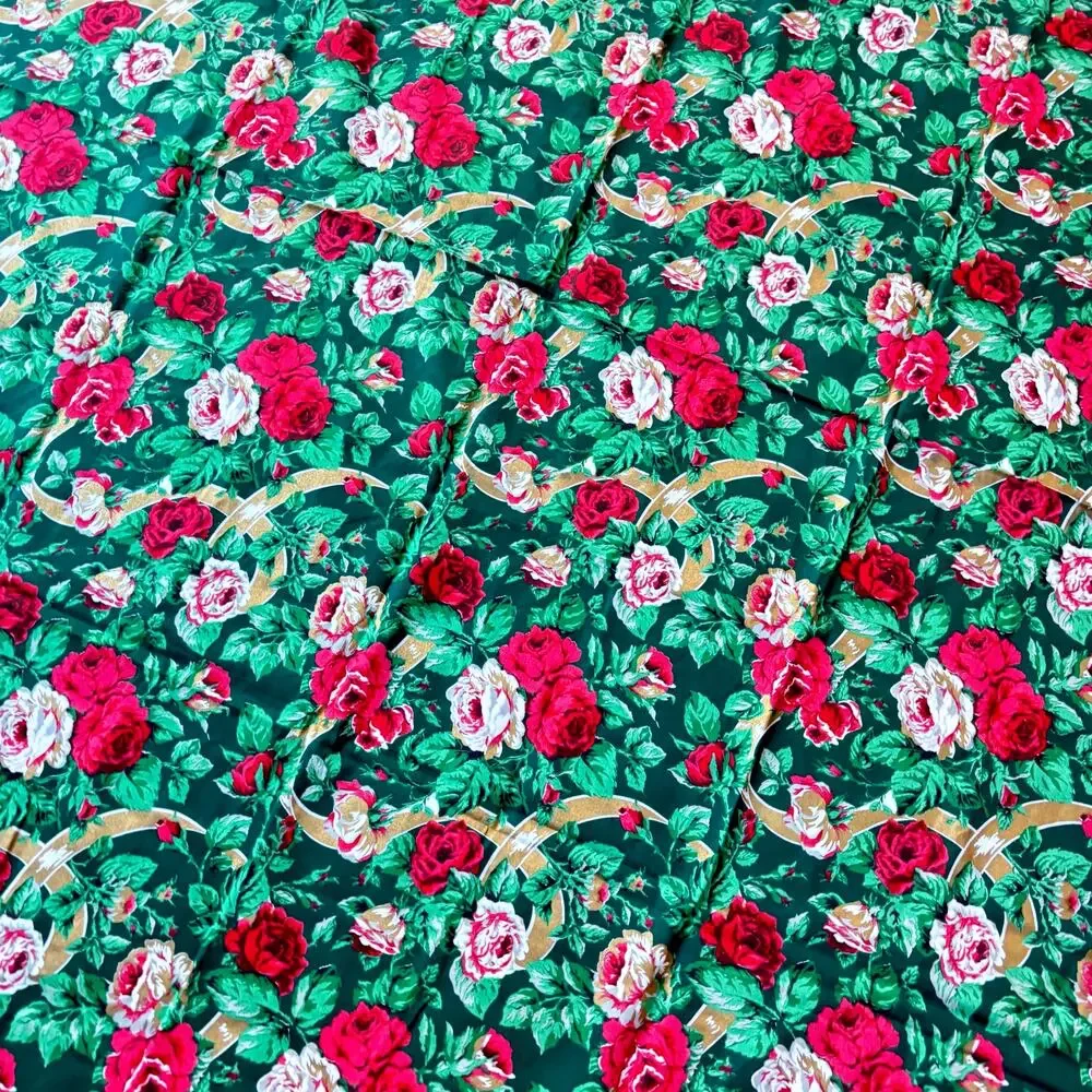 Vintage Christmas Tablecloth vivid red pink roses greenery & gold ribbons print